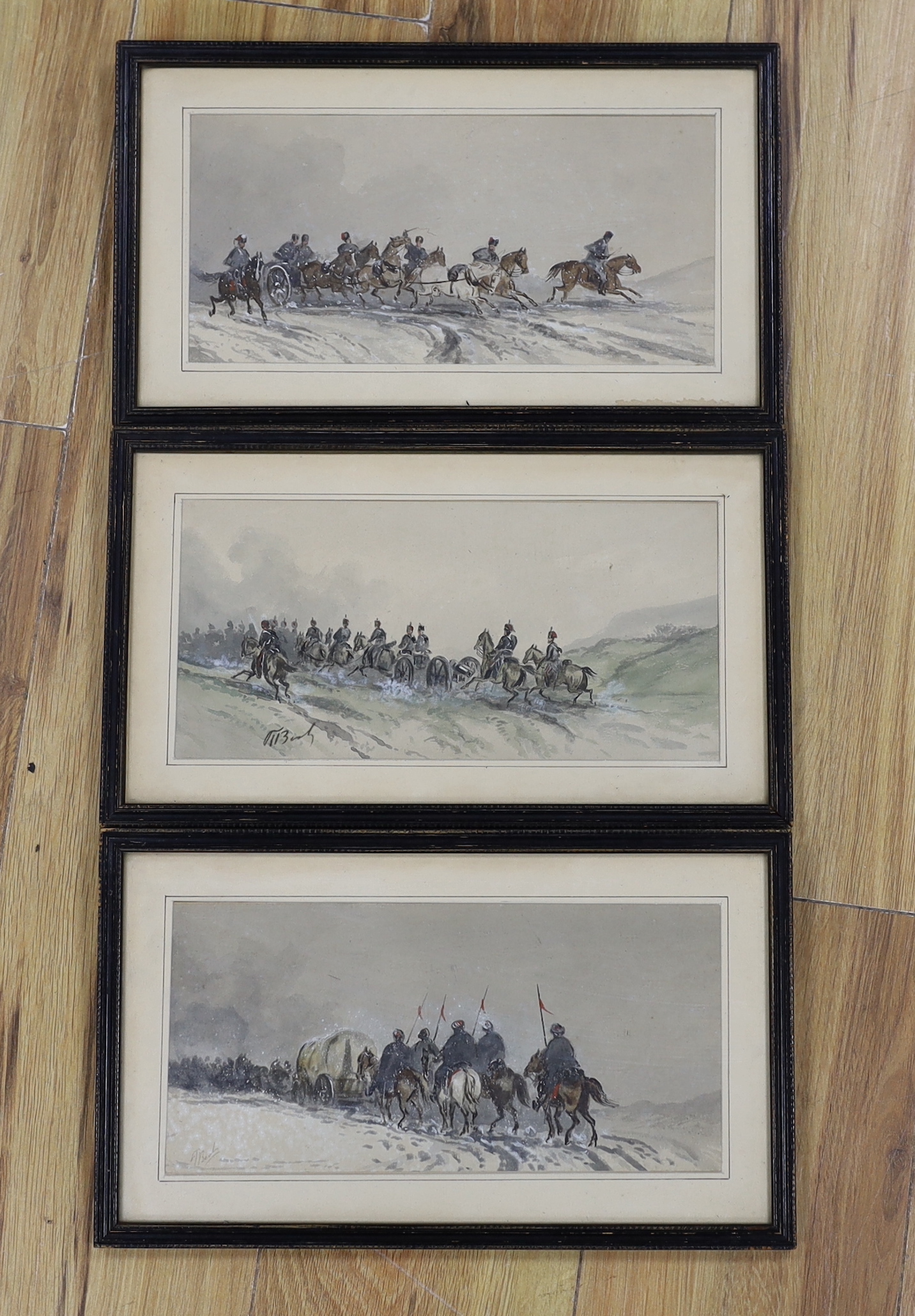 19th century, set of three heightened watercolours, Crimean battle scenes, two indistinctly signed, 27cm x 13cm